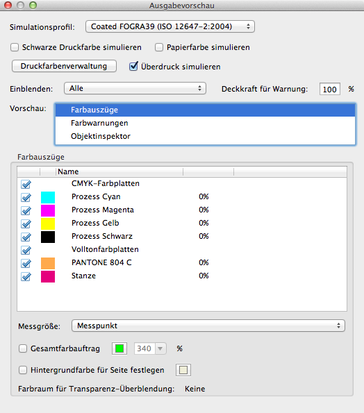 Abbildung: Die Ausgabevorschau in Adobe Acrobat mit zwei verschiedenen Sonderfarben.
