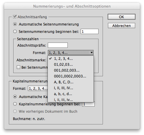 Adobe InDesign Nummerierungs- und Abschnittsoptionen.